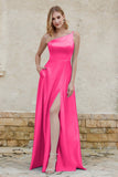 One Shoulder Satin Bridesmaid Dress with Pockets Formal Evening Prom Dresses Gowns