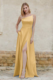 One Shoulder Satin Bridesmaid Dress with Pockets Formal Evening Prom Dresses Gowns