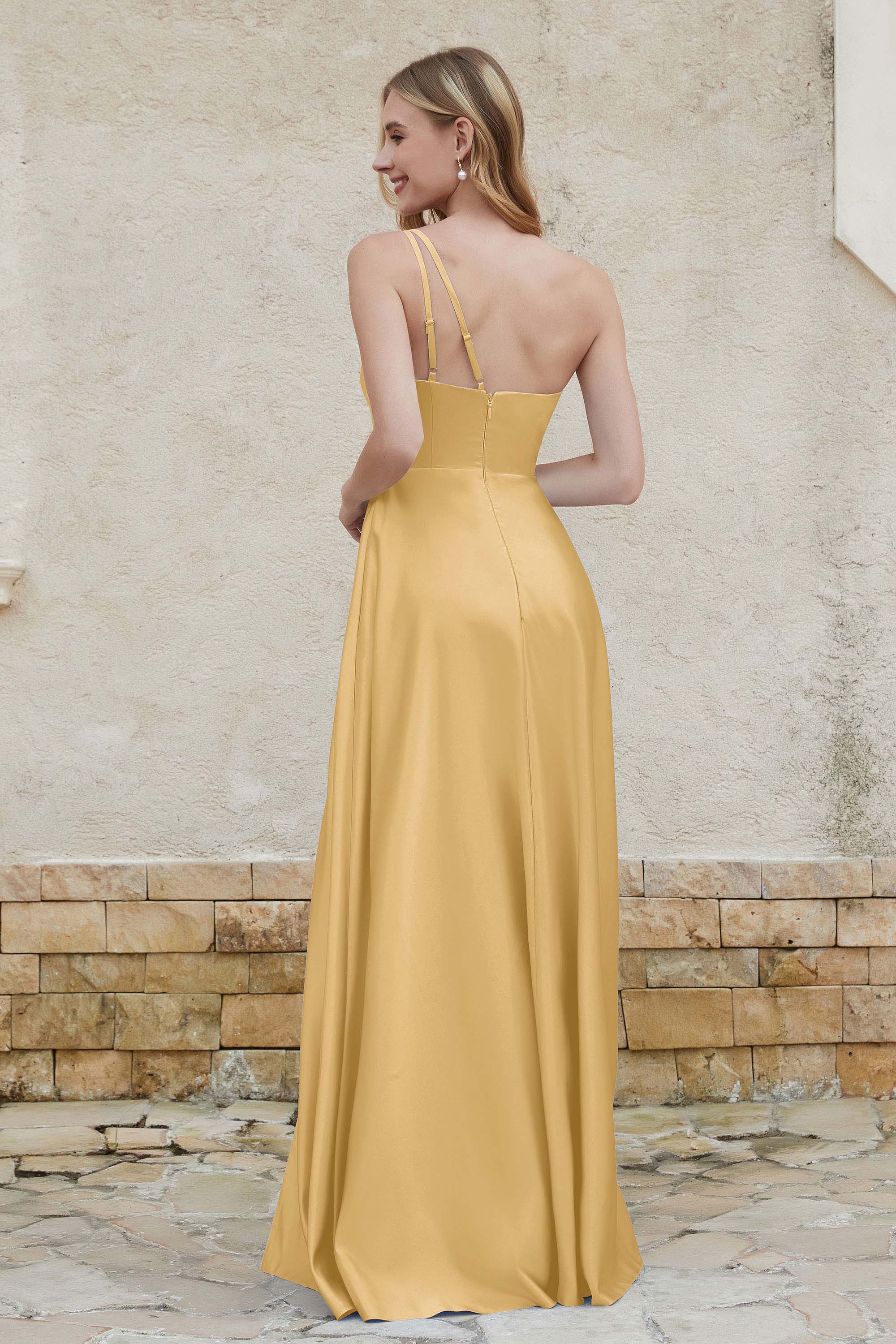 One Shoulder Satin Bridesmaid Dress with Pockets Formal Evening Prom Dresses Gowns