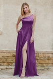 One Shoulder Satin Bridesmaid Dress with Pockets Formal Evening Prom Dresses Gowns