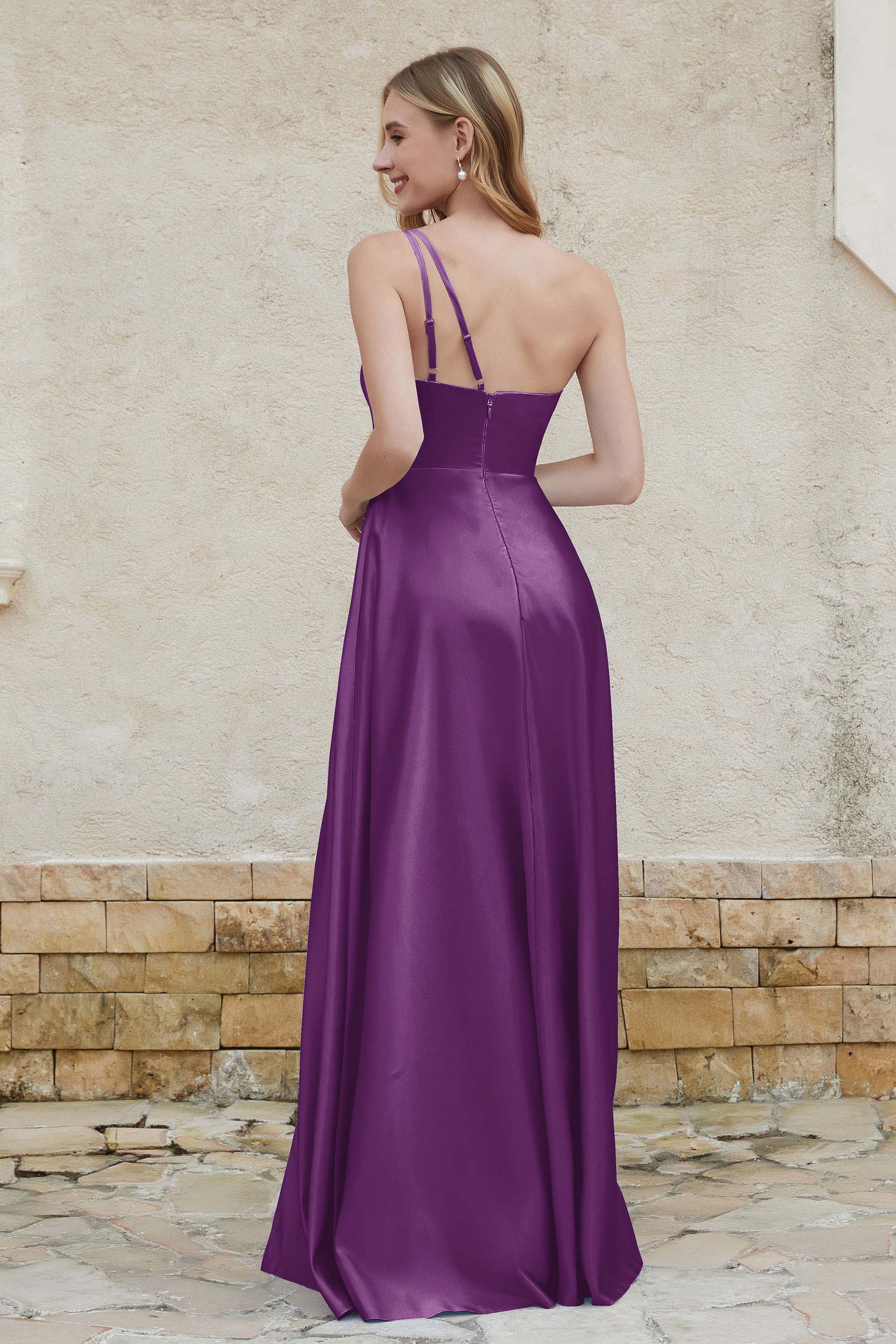 One Shoulder Satin Bridesmaid Dress with Pockets Formal Evening Prom Dresses Gowns