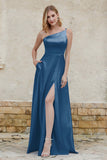 One Shoulder Satin Bridesmaid Dress with Pockets Formal Evening Prom Dresses Gowns