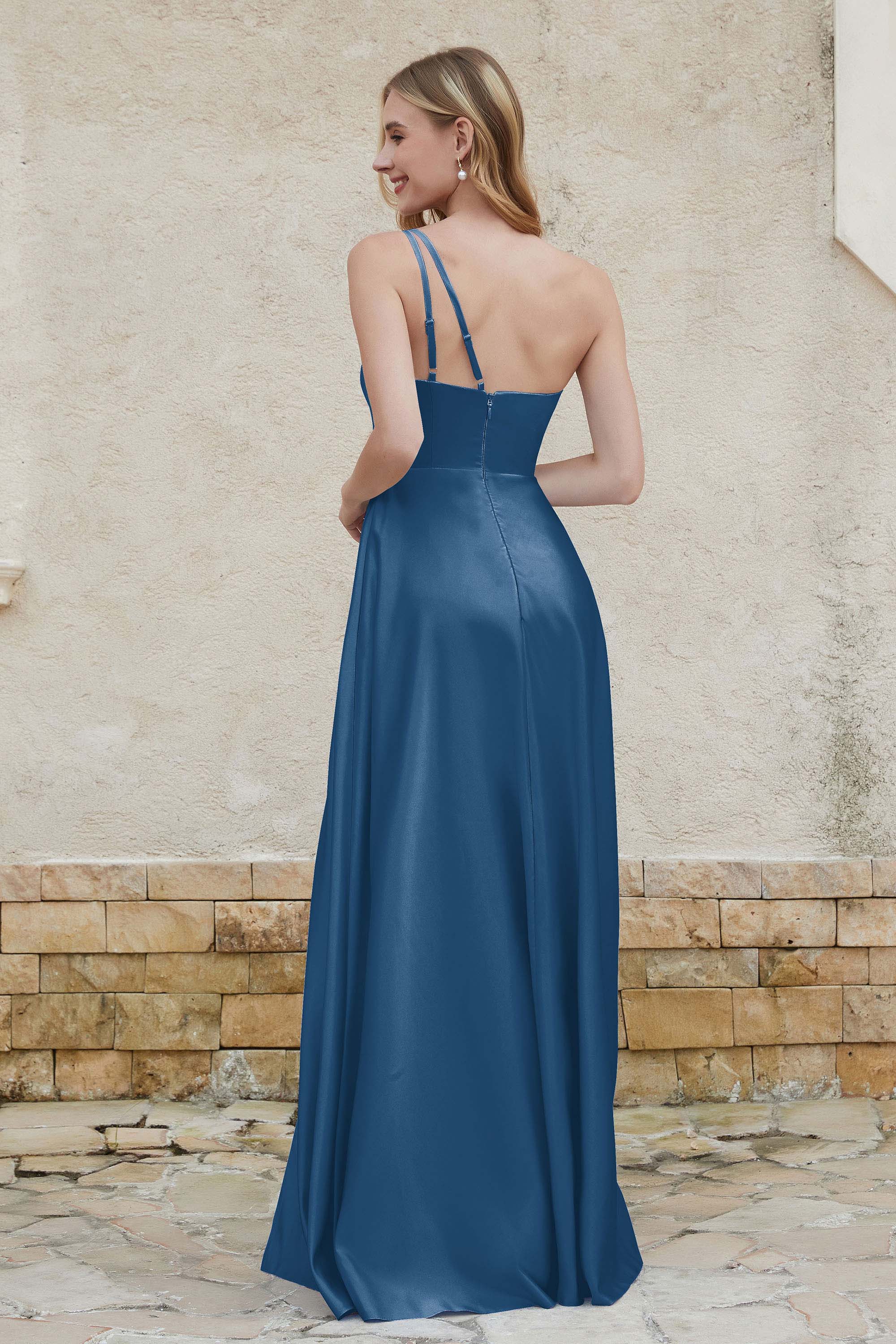 One Shoulder Satin Bridesmaid Dress with Pockets Formal Evening Prom Dresses Gowns
