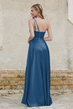 One Shoulder Satin Bridesmaid Dress with Pockets Formal Evening Prom Dresses Gowns