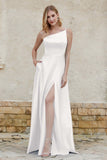 One Shoulder Satin Bridesmaid Dress with Pockets Formal Evening Prom Dresses Gowns