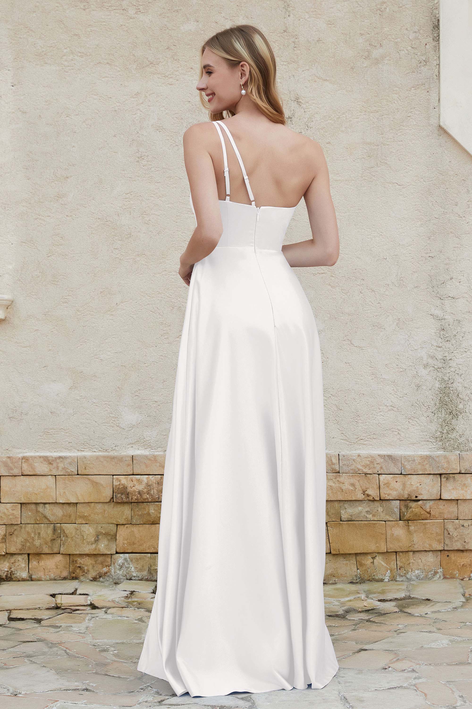 One Shoulder Satin Bridesmaid Dress with Pockets Formal Evening Prom Dresses Gowns