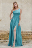 One Shoulder Satin Bridesmaid Dress with Pockets Formal Evening Prom Dresses Gowns