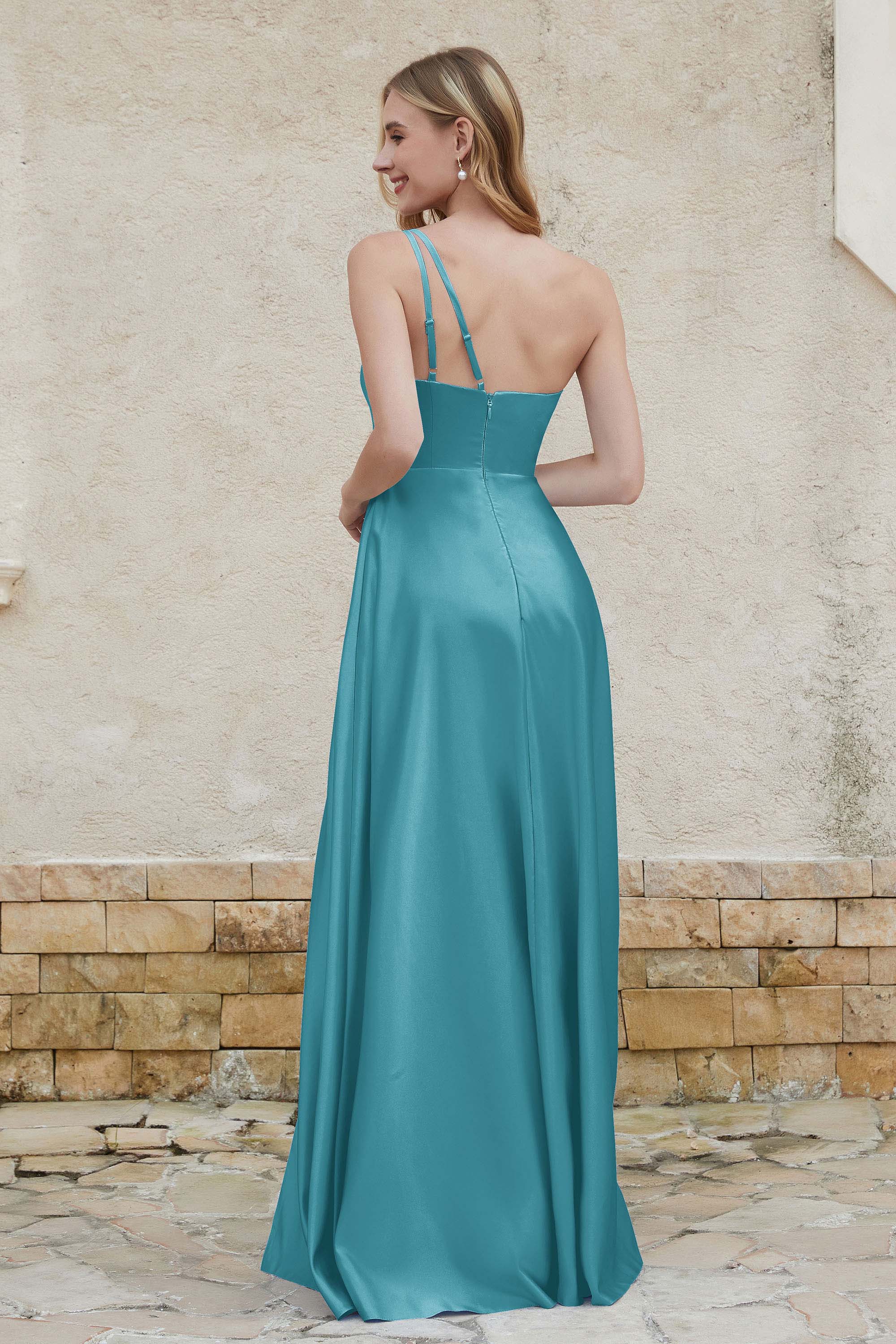 One Shoulder Satin Bridesmaid Dress with Pockets Formal Evening Prom Dresses Gowns