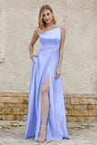 One Shoulder Satin Bridesmaid Dress with Pockets Formal Evening Prom Dresses Gowns