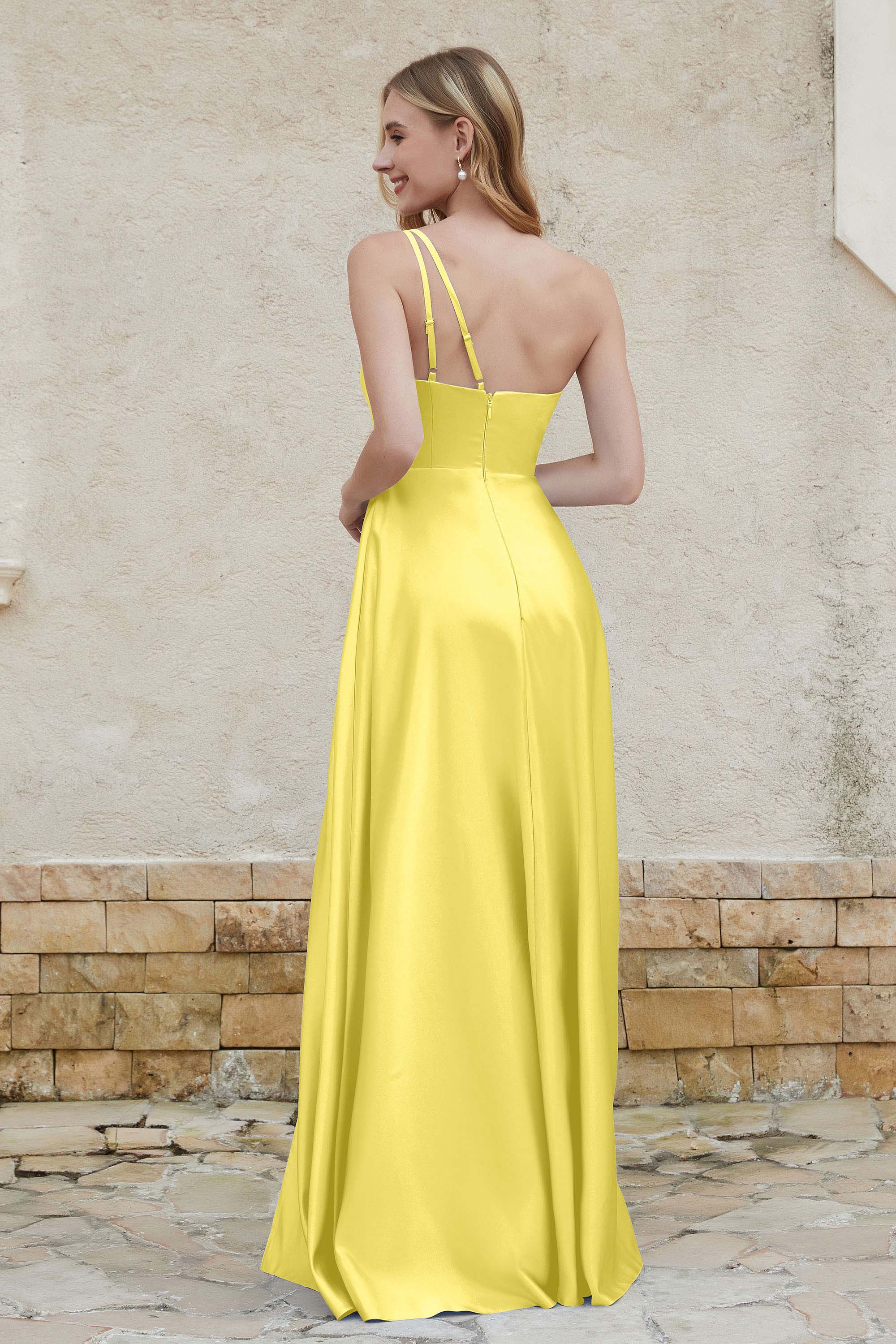 One Shoulder Satin Bridesmaid Dress with Pockets Formal Evening Prom Dresses Gowns