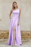 One Shoulder Satin Bridesmaid Dress with Pockets Formal Evening Prom Dresses Gowns