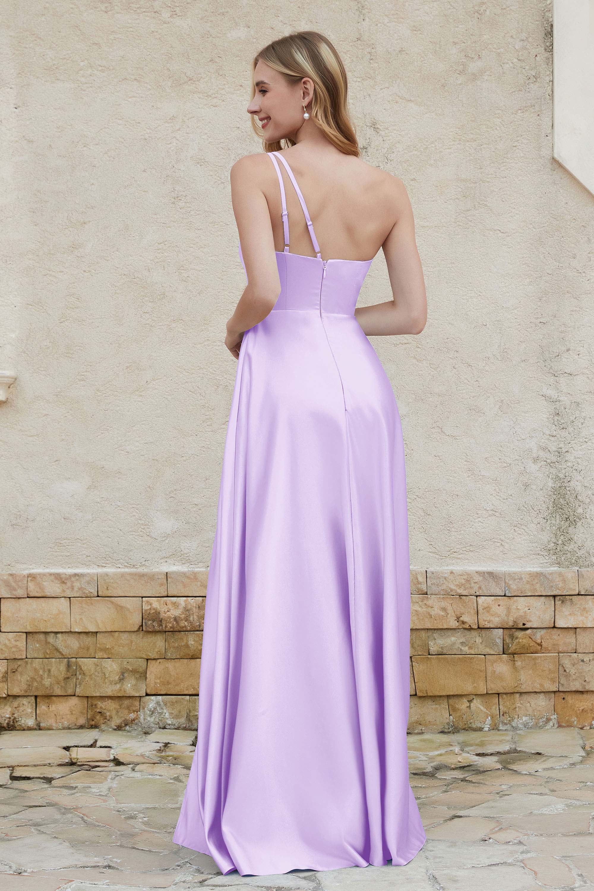 One Shoulder Satin Bridesmaid Dress with Pockets Formal Evening Prom Dresses Gowns