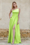 One Shoulder Satin Bridesmaid Dress with Pockets Formal Evening Prom Dresses Gowns