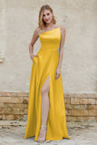One Shoulder Satin Bridesmaid Dress with Pockets Formal Evening Prom Dresses Gowns