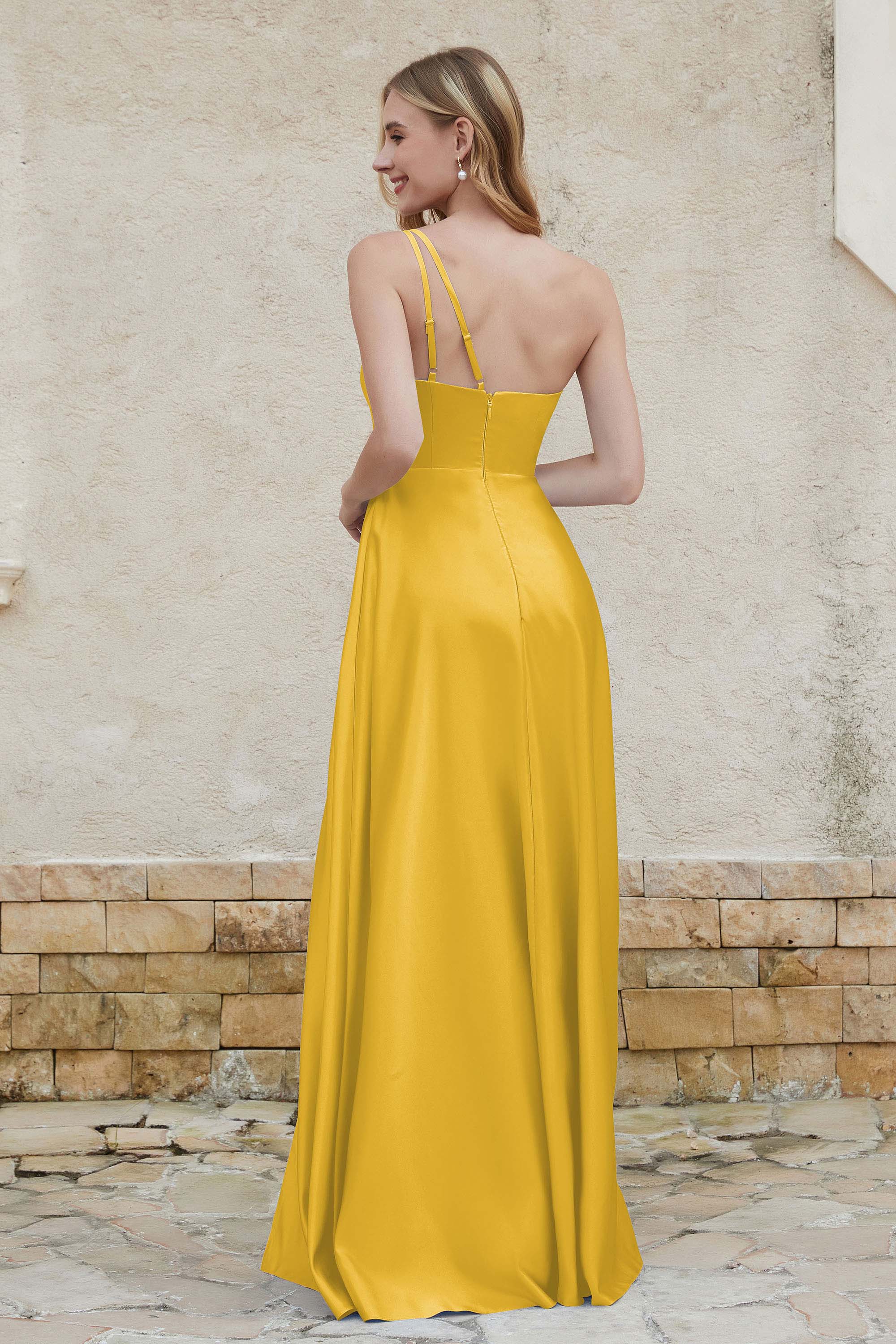 One Shoulder Satin Bridesmaid Dress with Pockets Formal Evening Prom Dresses Gowns