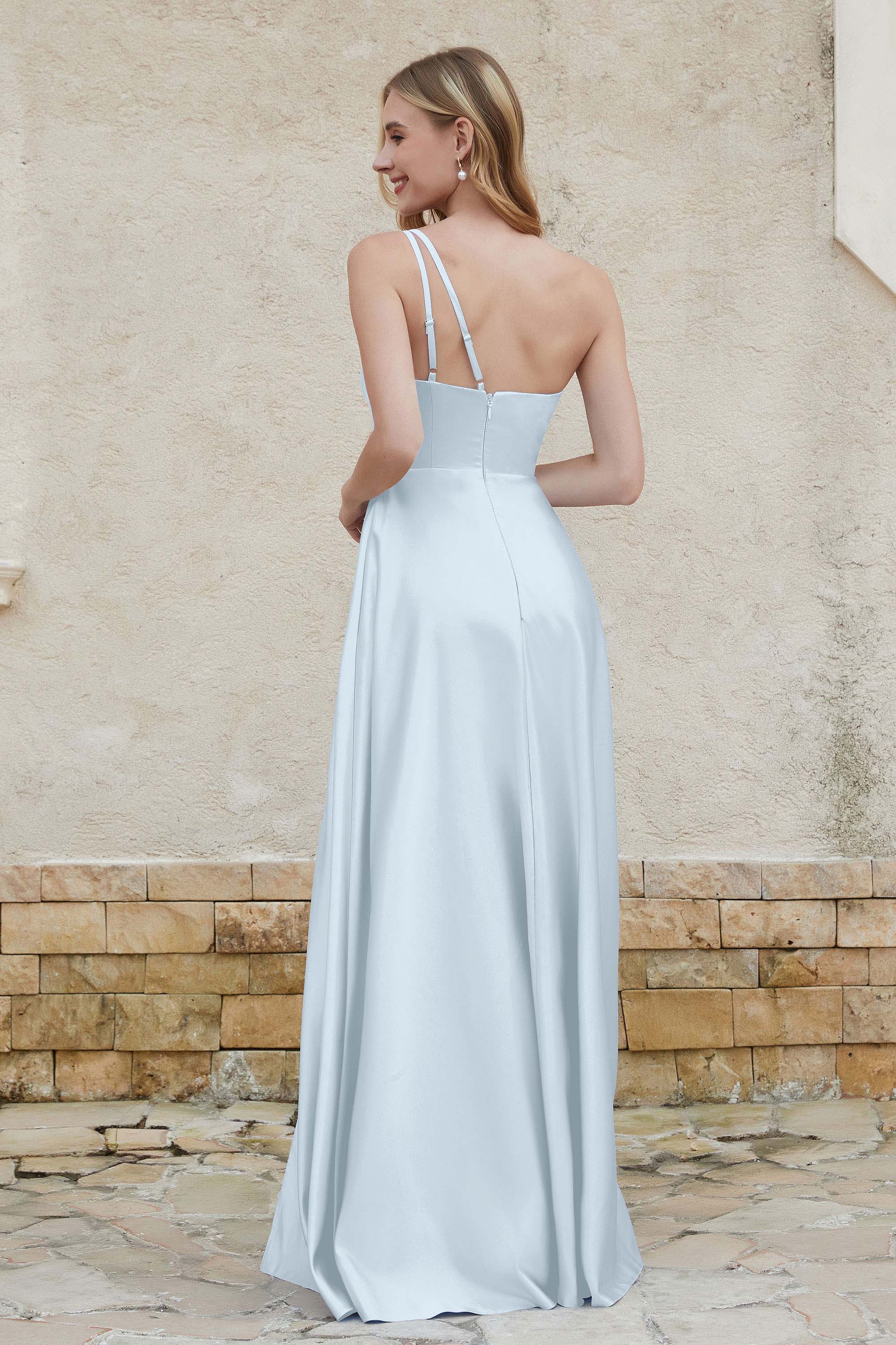 One Shoulder Satin Bridesmaid Dress with Pockets Formal Evening Prom Dresses Gowns