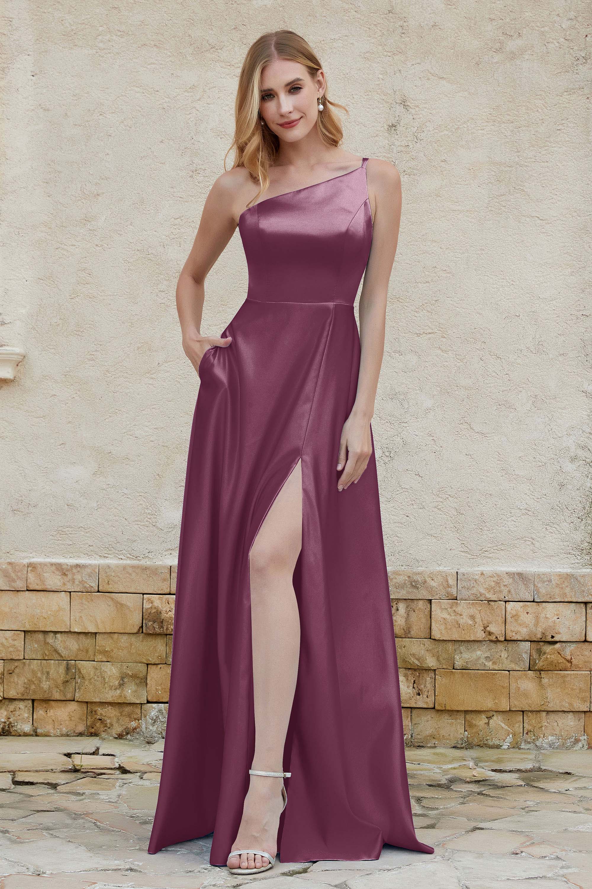 One Shoulder Satin Bridesmaid Dress with Pockets Formal Evening Prom Dresses Gowns
