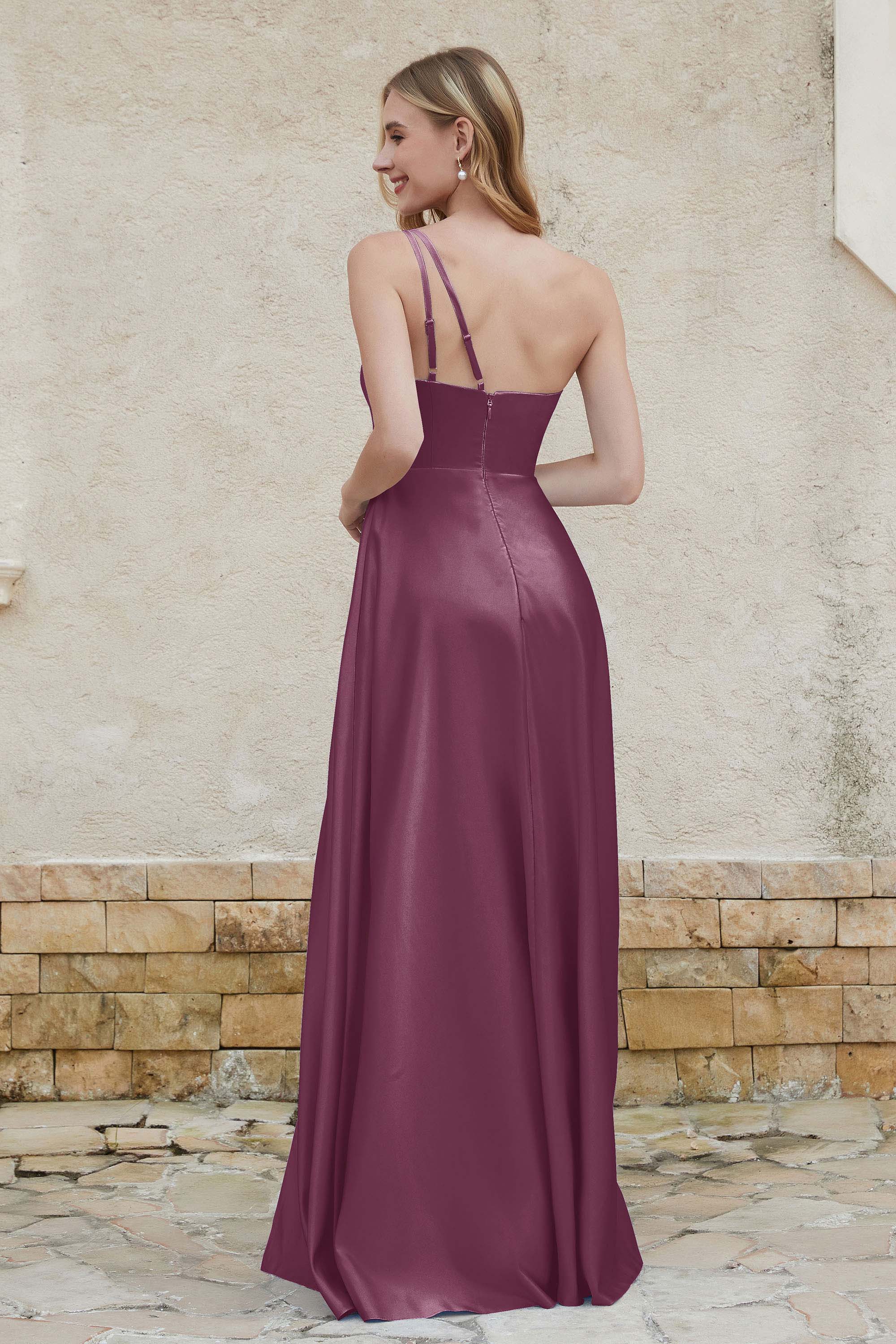 One Shoulder Satin Bridesmaid Dress with Pockets Formal Evening Prom Dresses Gowns