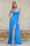 One Shoulder Satin Bridesmaid Dress with Pockets Formal Evening Prom Dresses Gowns