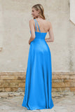 One Shoulder Satin Bridesmaid Dress with Pockets Formal Evening Prom Dresses Gowns