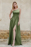One Shoulder Satin Bridesmaid Dress with Pockets Formal Evening Prom Dresses Gowns