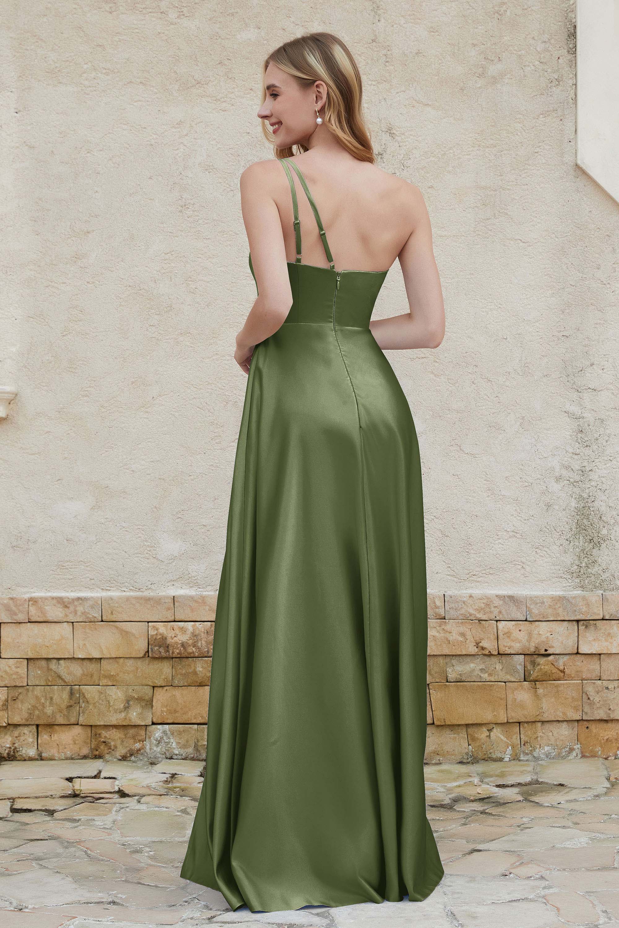 One Shoulder Satin Bridesmaid Dress with Pockets Formal Evening Prom Dresses Gowns