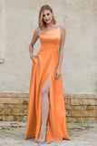 One Shoulder Satin Bridesmaid Dress with Pockets Formal Evening Prom Dresses Gowns