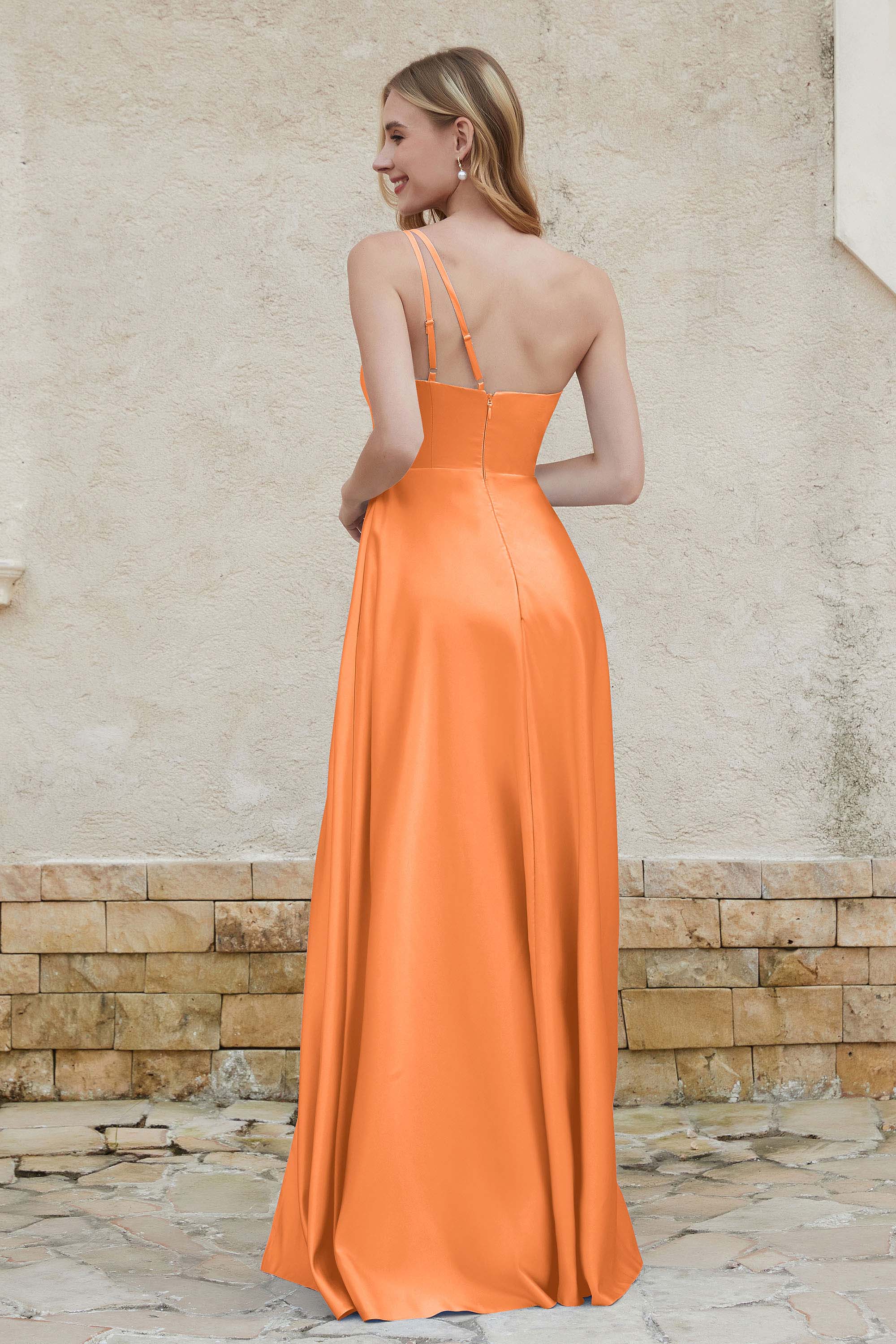 One Shoulder Satin Bridesmaid Dress with Pockets Formal Evening Prom Dresses Gowns