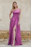 One Shoulder Satin Bridesmaid Dress with Pockets Formal Evening Prom Dresses Gowns