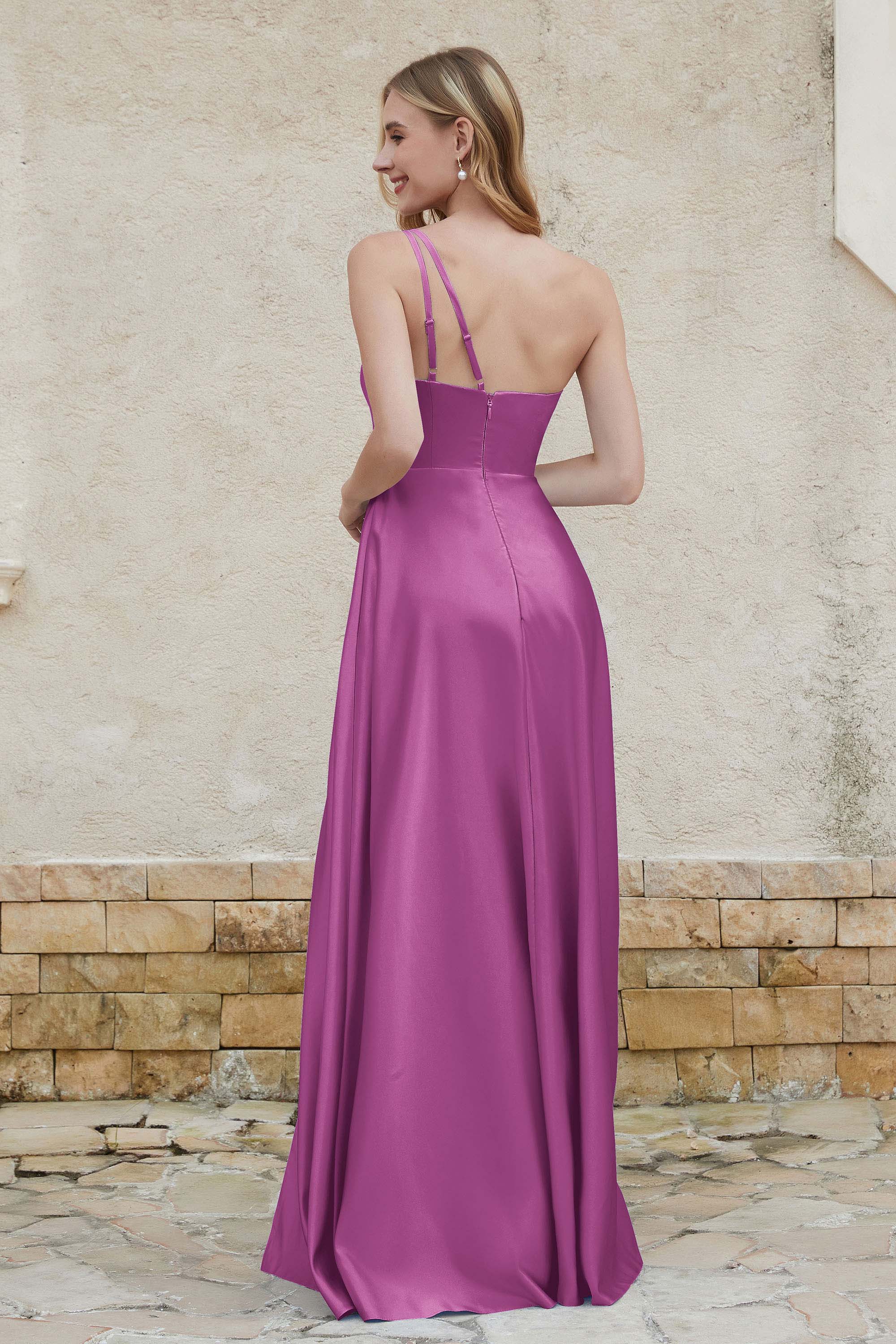 One Shoulder Satin Bridesmaid Dress with Pockets Formal Evening Prom Dresses Gowns