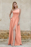 One Shoulder Satin Bridesmaid Dress with Pockets Formal Evening Prom Dresses Gowns