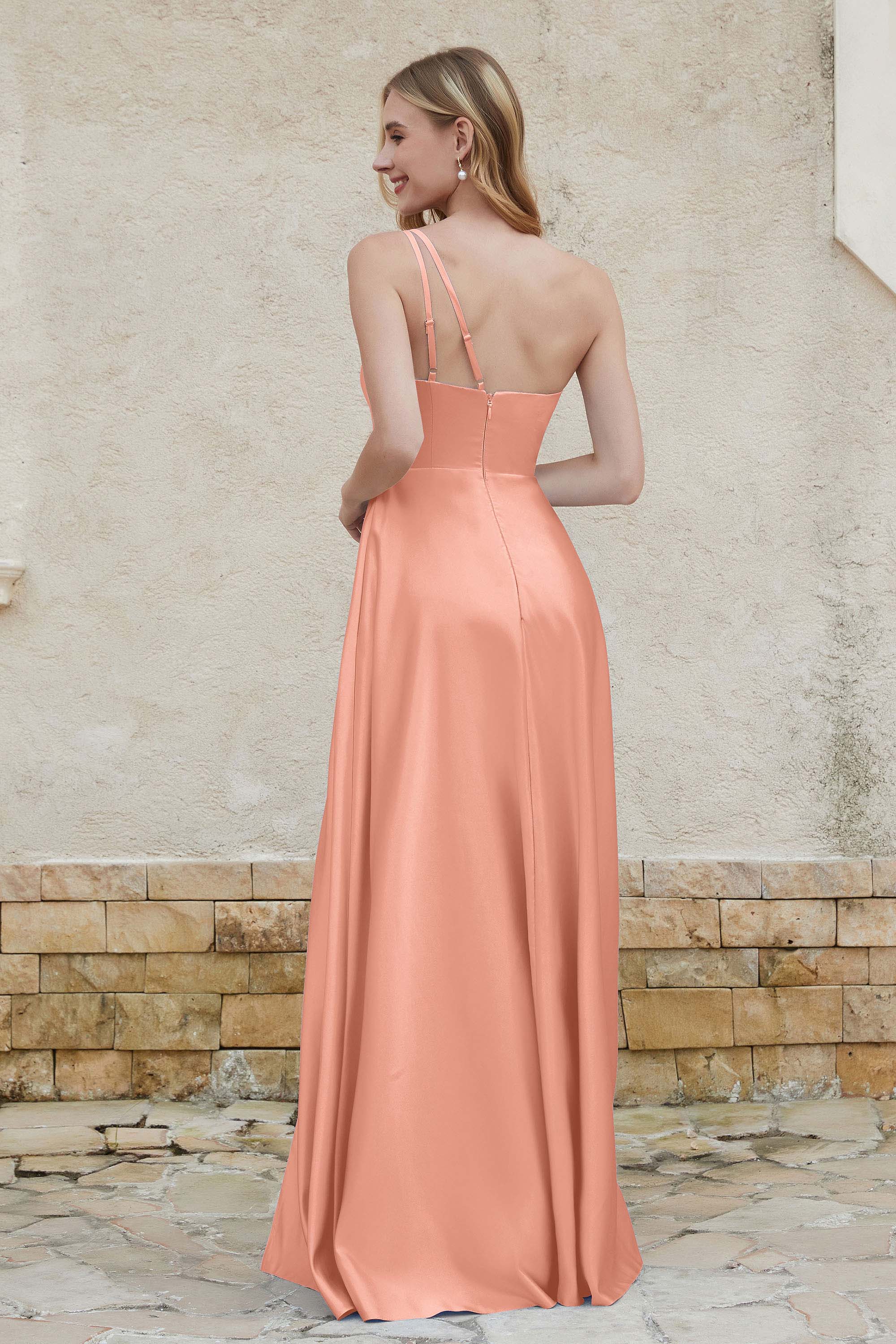 One Shoulder Satin Bridesmaid Dress with Pockets Formal Evening Prom Dresses Gowns