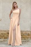 One Shoulder Satin Bridesmaid Dress with Pockets Formal Evening Prom Dresses Gowns