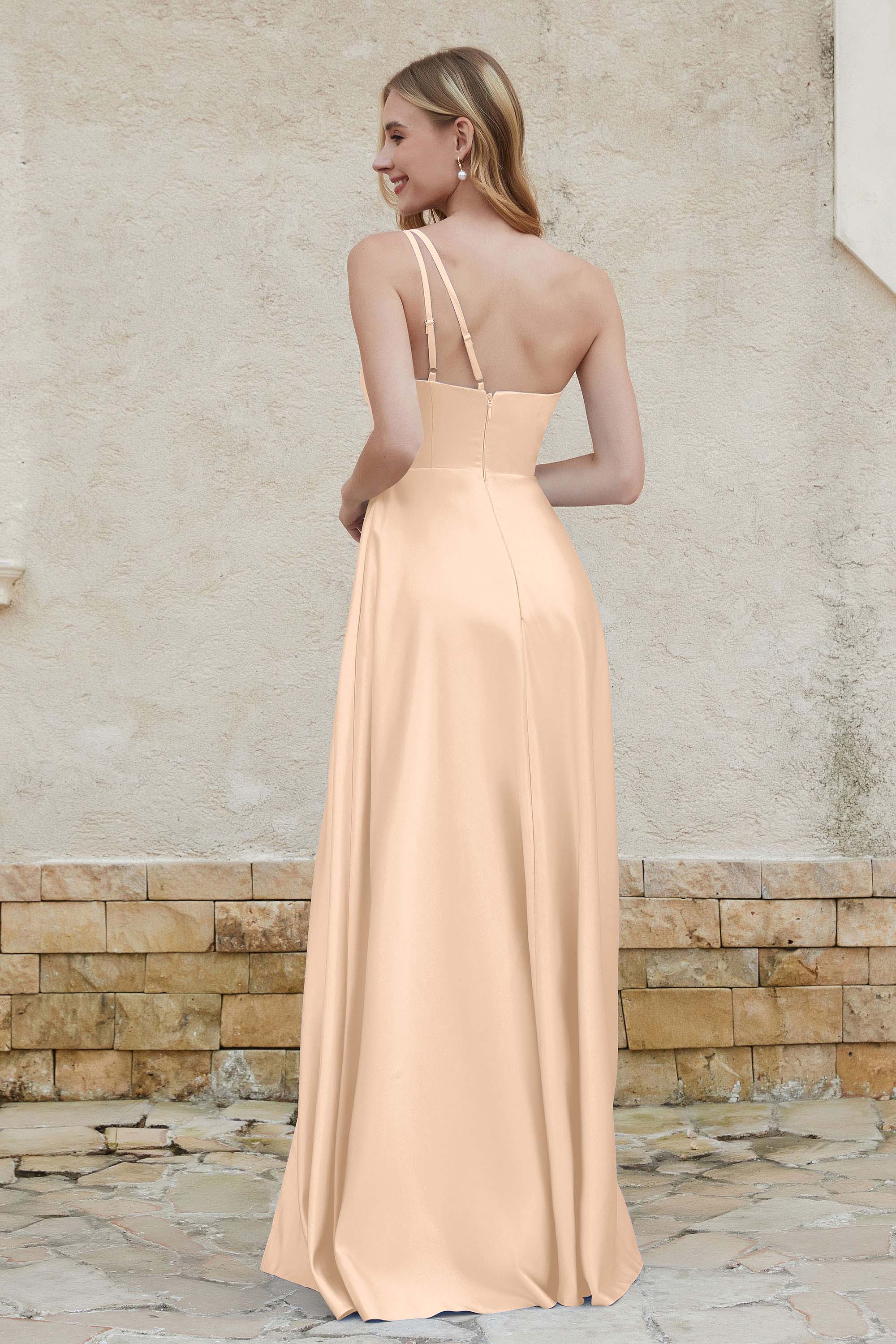 One Shoulder Satin Bridesmaid Dress with Pockets Formal Evening Prom Dresses Gowns