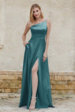 One Shoulder Satin Bridesmaid Dress with Pockets Formal Evening Prom Dresses Gowns