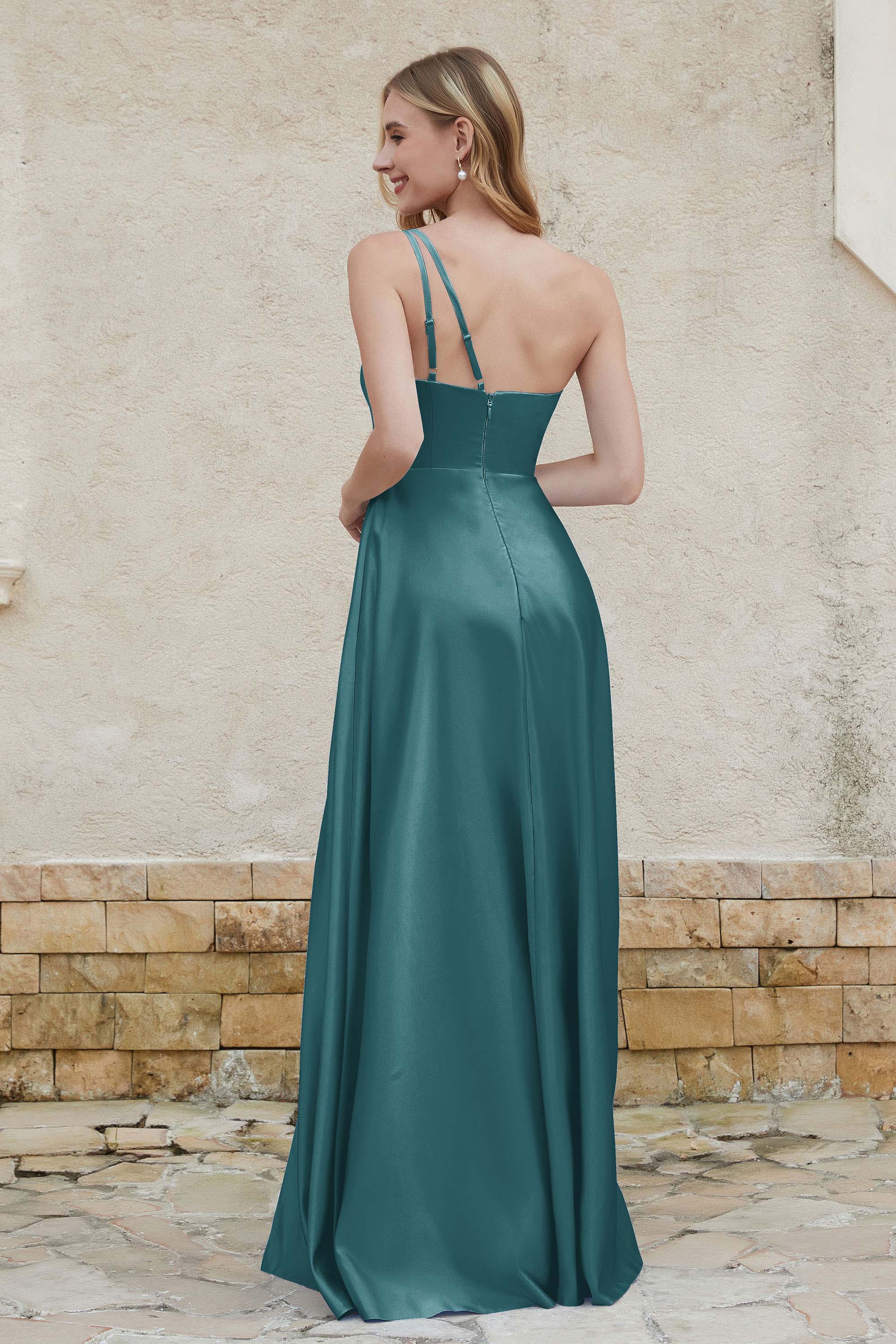 One Shoulder Satin Bridesmaid Dress with Pockets Formal Evening Prom Dresses Gowns