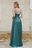One Shoulder Satin Bridesmaid Dress with Pockets Formal Evening Prom Dresses Gowns