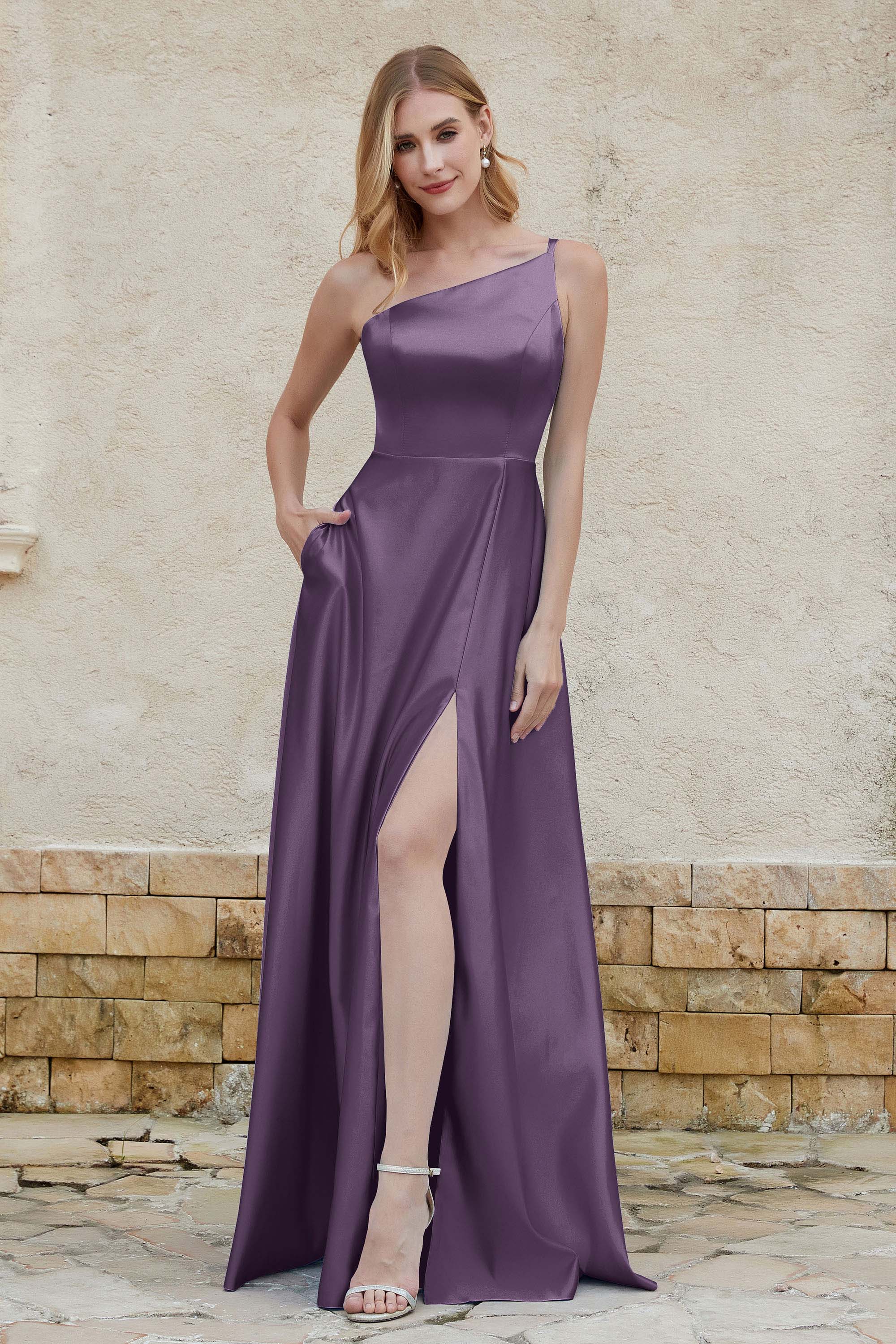 One Shoulder Satin Bridesmaid Dress with Pockets Formal Evening Prom Dresses Gowns