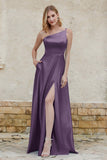 One Shoulder Satin Bridesmaid Dress with Pockets Formal Evening Prom Dresses Gowns