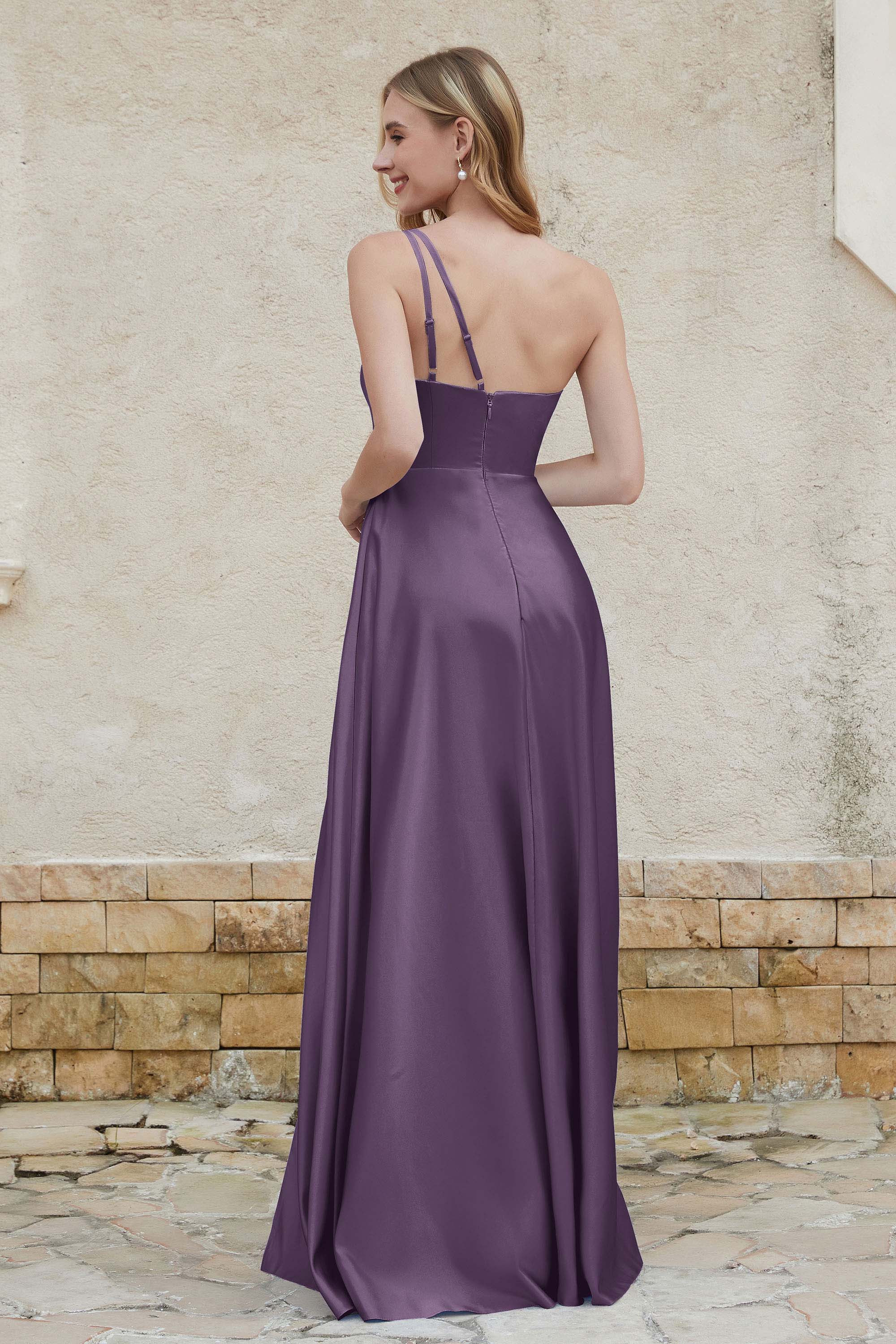 One Shoulder Satin Bridesmaid Dress with Pockets Formal Evening Prom Dresses Gowns