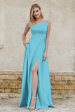 One Shoulder Satin Bridesmaid Dress with Pockets Formal Evening Prom Dresses Gowns