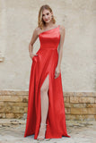 One Shoulder Satin Bridesmaid Dress with Pockets Formal Evening Prom Dresses Gowns