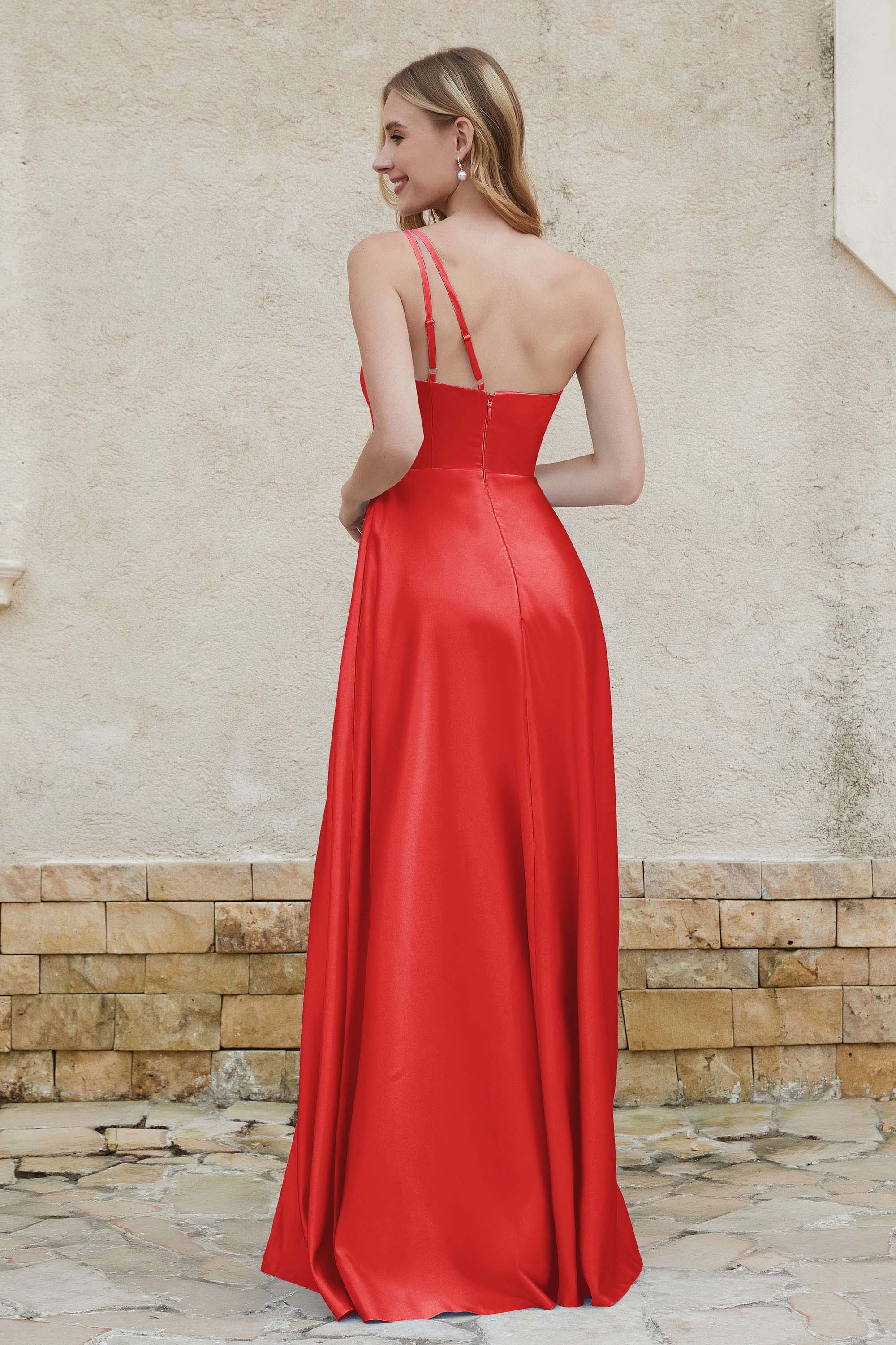 One Shoulder Satin Bridesmaid Dress with Pockets Formal Evening Prom Dresses Gowns