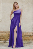 One Shoulder Satin Bridesmaid Dress with Pockets Formal Evening Prom Dresses Gowns
