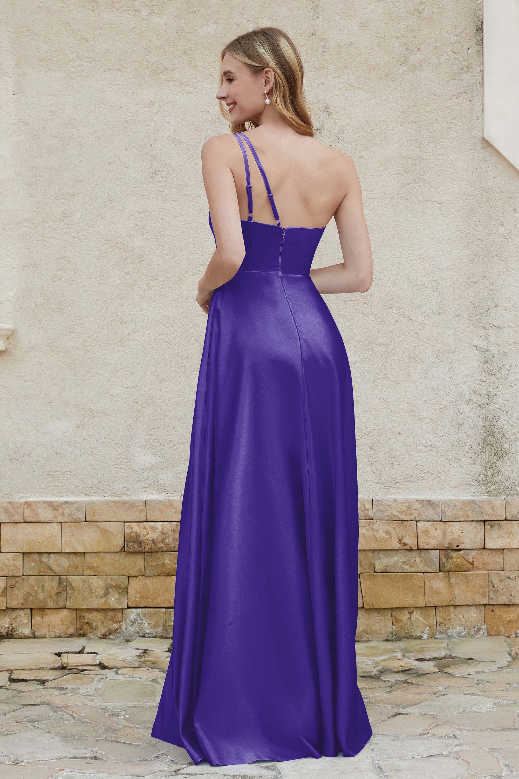 One Shoulder Satin Bridesmaid Dress with Pockets Formal Evening Prom Dresses Gowns
