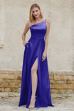 One Shoulder Satin Bridesmaid Dress with Pockets Formal Evening Prom Dresses Gowns