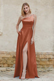 One Shoulder Satin Bridesmaid Dress with Pockets Formal Evening Prom Dresses Gowns