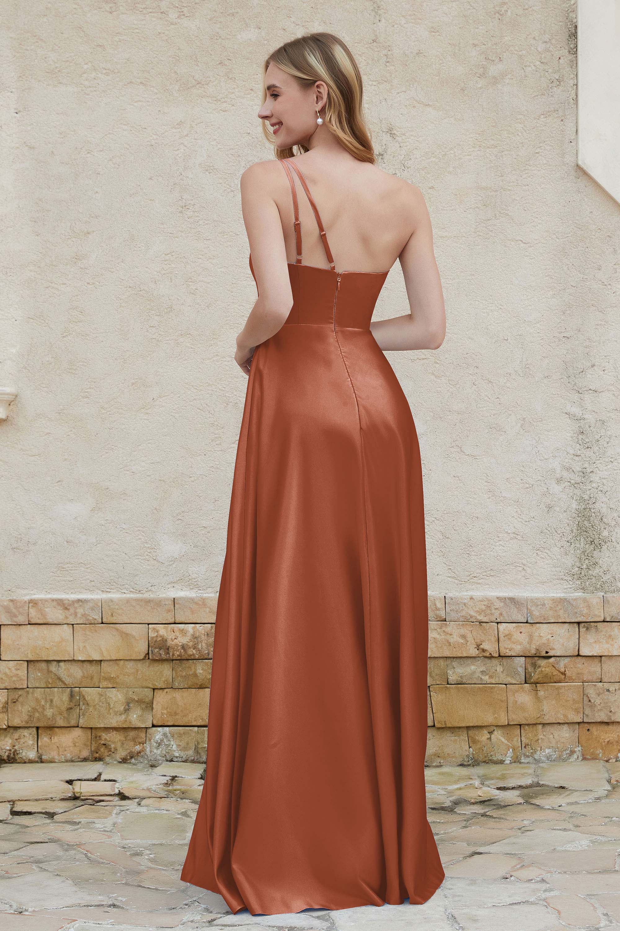 One Shoulder Satin Bridesmaid Dress with Pockets Formal Evening Prom Dresses Gowns