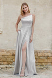 One Shoulder Satin Bridesmaid Dress with Pockets Formal Evening Prom Dresses Gowns