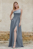 One Shoulder Satin Bridesmaid Dress with Pockets Formal Evening Prom Dresses Gowns